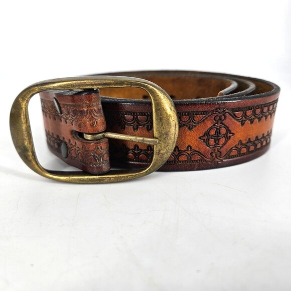 Brown Embossed Western Leather Belt Brass Buckle Size 40 Large 1.50" W USA - Picture 1 of 11